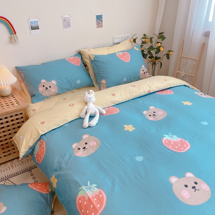 91家纺网 家纺一手货源 找家纺 沐棉家居 2020新款全棉13370四件套 草莓熊-绿