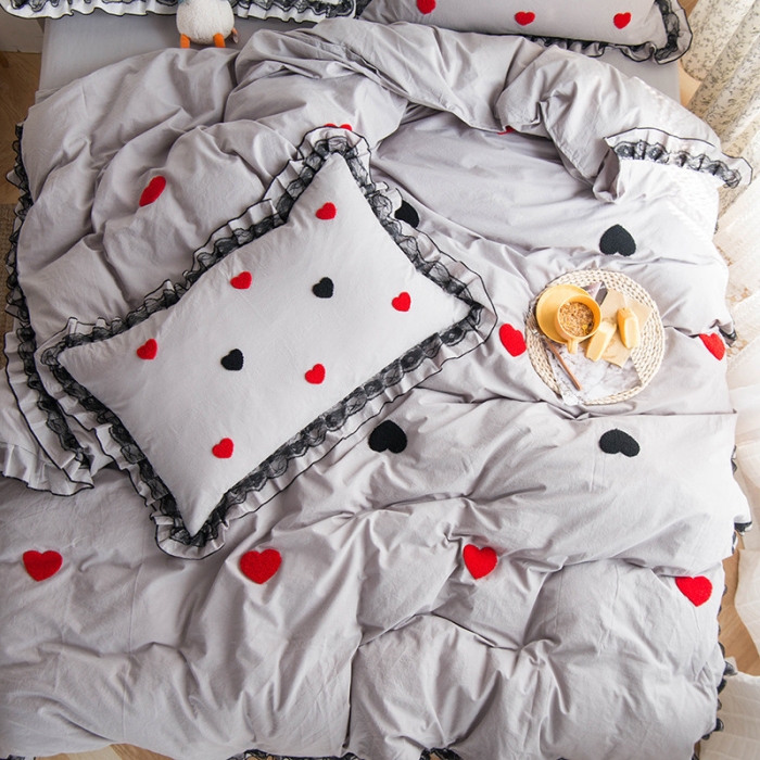 91家纺网 家纺一手货源 找家纺 淑女公社 2020新款公主风毛巾绣四件套 爱心-灰色