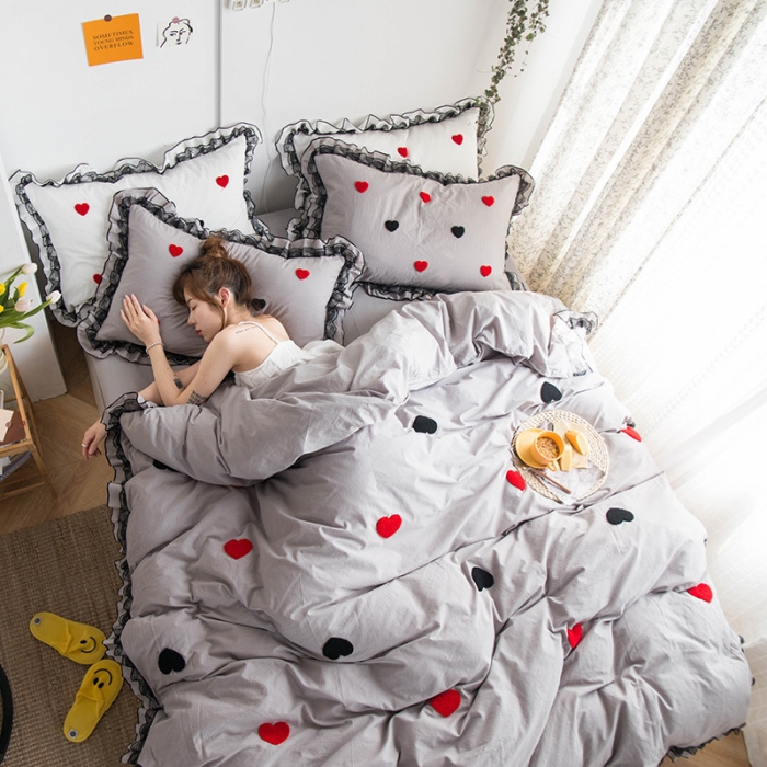 91家纺网 家纺一手货源 找家纺 淑女公社 2020新款公主风毛巾绣四件套 爱心-灰色