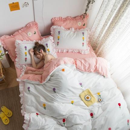 淑女公社 2020新款公主风毛巾绣四件套 郁金香-粉白