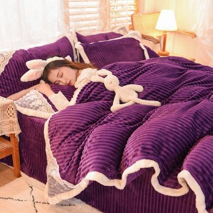 91家纺网 家纺一手货源 找家纺 欧冠 2020双面魔法绒兔兔绒蕾丝花边四件套 高贵紫