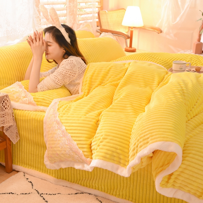 91家纺网 家纺一手货源 找家纺 （总）欧冠 2020双面魔法绒兔兔绒蕾丝花边四件套