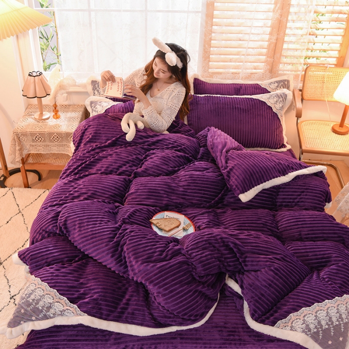 91家纺网 家纺一手货源 找家纺 欧冠 2020双面魔法绒兔兔绒蕾丝花边四件套 高贵紫