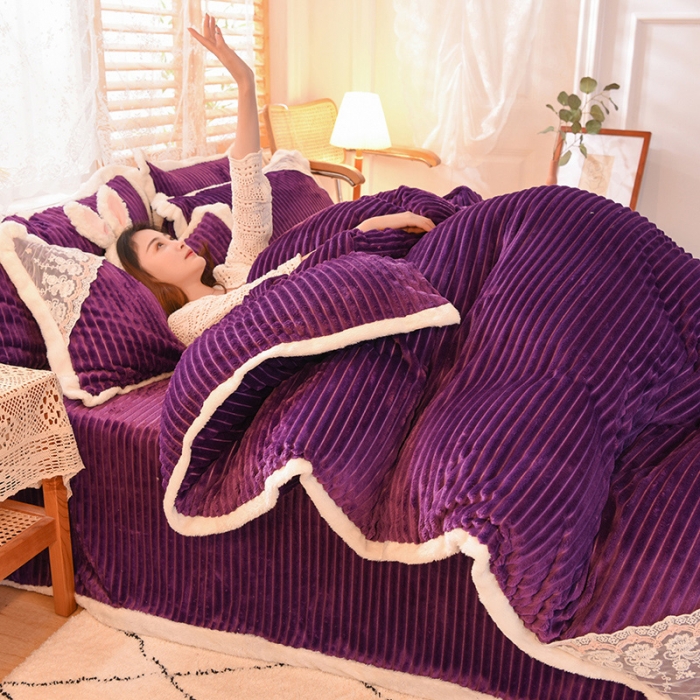 91家纺网 家纺一手货源 找家纺 欧冠 2020双面魔法绒兔兔绒蕾丝花边四件套 高贵紫