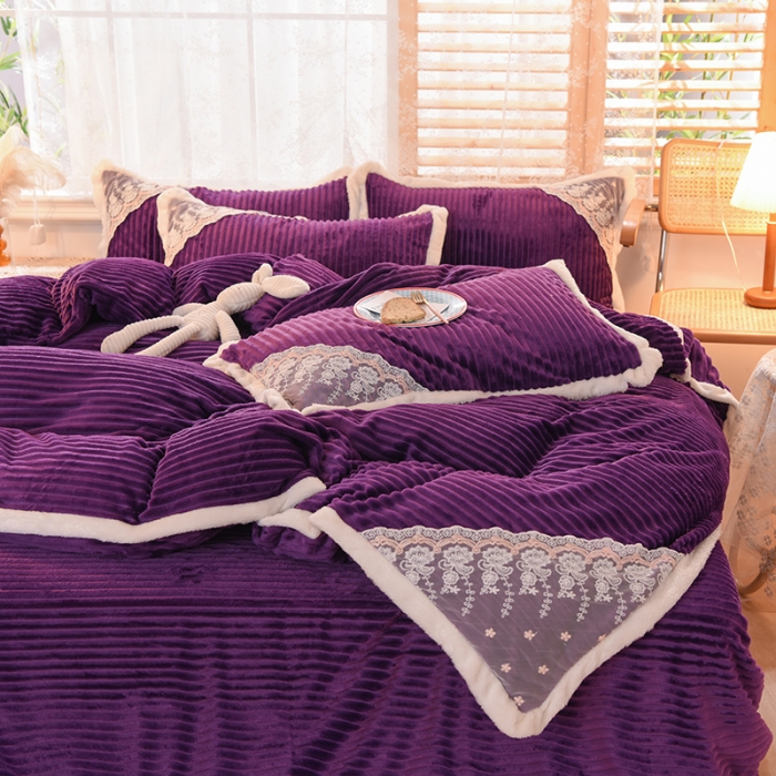 91家纺网 家纺一手货源 找家纺 欧冠 2020双面魔法绒兔兔绒蕾丝花边四件套 高贵紫