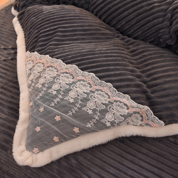 91家纺网 家纺一手货源 找家纺 欧冠 2020双面魔法绒兔兔绒蕾丝花边四件套 高级灰