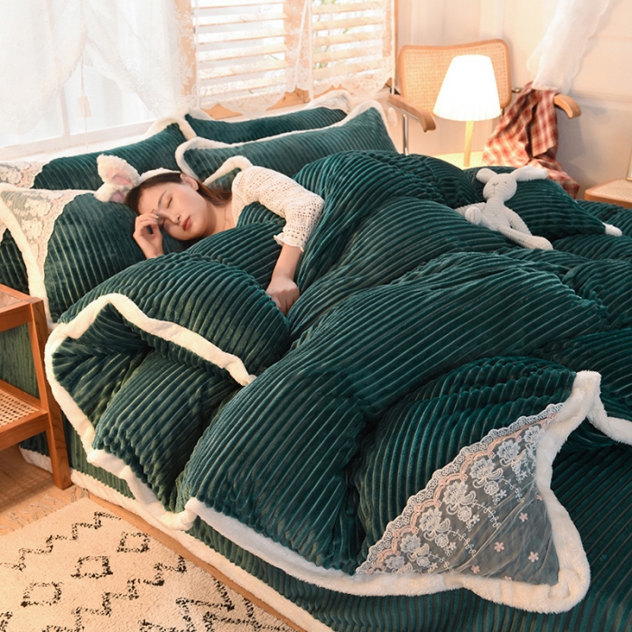 91家纺网 家纺一手货源 找家纺 欧冠 2020双面魔法绒兔兔绒蕾丝花边四件套 松石绿