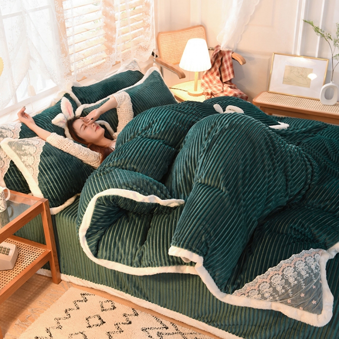 91家纺网 家纺一手货源 找家纺 欧冠 2020双面魔法绒兔兔绒蕾丝花边四件套 松石绿