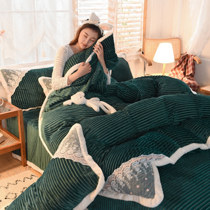 91家纺网 家纺一手货源 找家纺 欧冠 2020双面魔法绒兔兔绒蕾丝花边四件套 松石绿