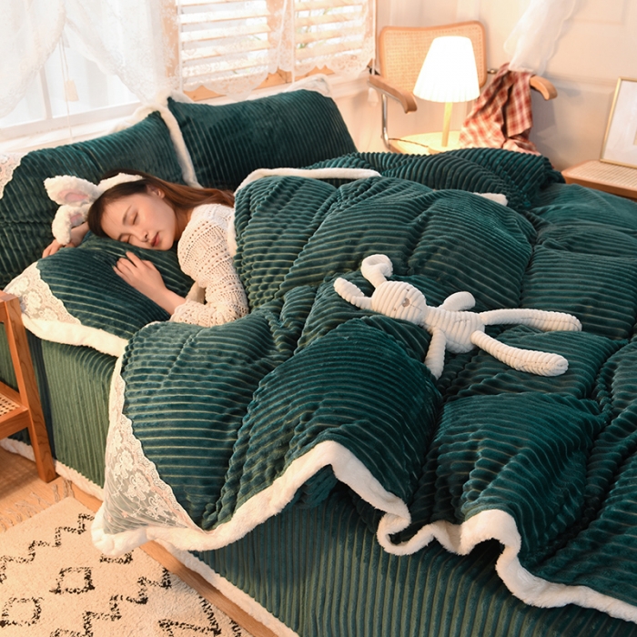 91家纺网 家纺一手货源 找家纺 欧冠 2020双面魔法绒兔兔绒蕾丝花边四件套 松石绿