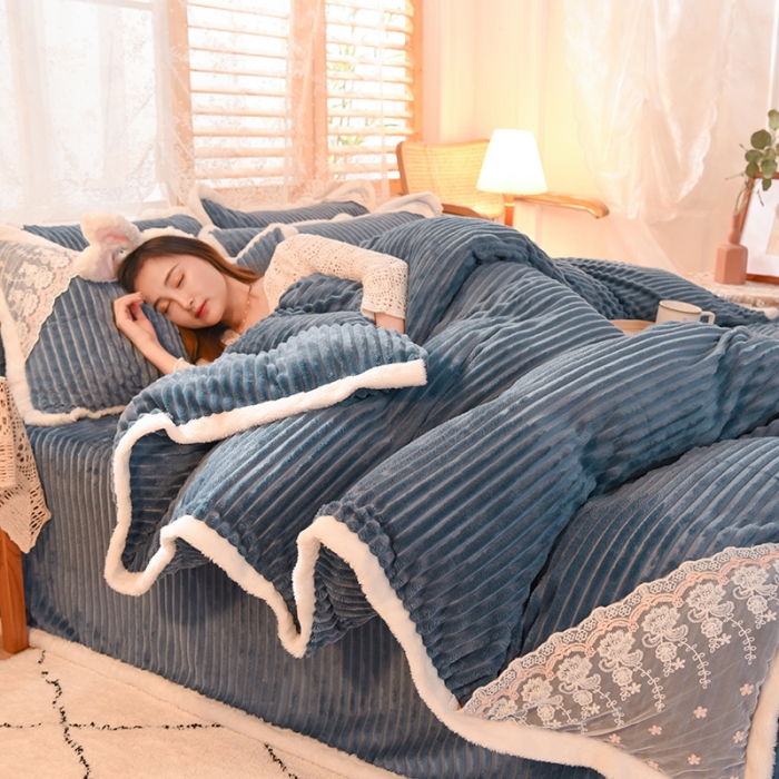 91家纺网 家纺一手货源 找家纺 欧冠 2020双面魔法绒兔兔绒蕾丝花边四件套 午夜蓝