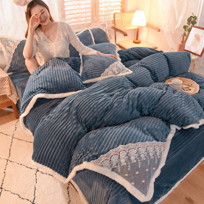 91家纺网 家纺一手货源 找家纺 欧冠 2020双面魔法绒兔兔绒蕾丝花边四件套 午夜蓝