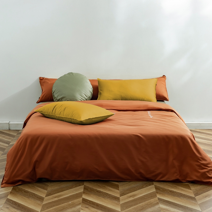 91家纺网 家纺一手货源 找家纺 狠狠爱 2020新款60S长绒棉刺绣撞色四件套 黄橘浅绿