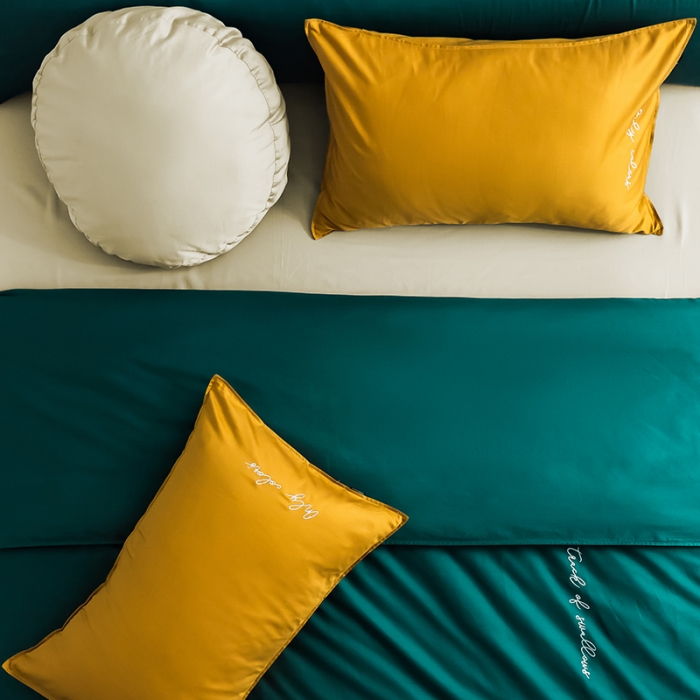 91家纺网 家纺一手货源 找家纺 狠狠爱 2020新款60S长绒棉刺绣撞色四件套 黄墨绿卡宾