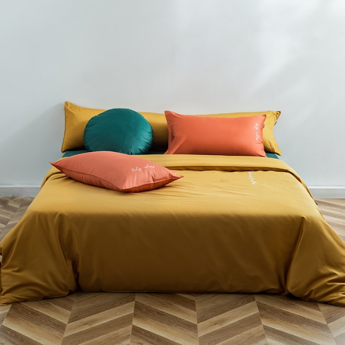 91家纺网 家纺一手货源 找家纺 狠狠爱 2020新款60S长绒棉刺绣撞色四件套 橘黄墨绿