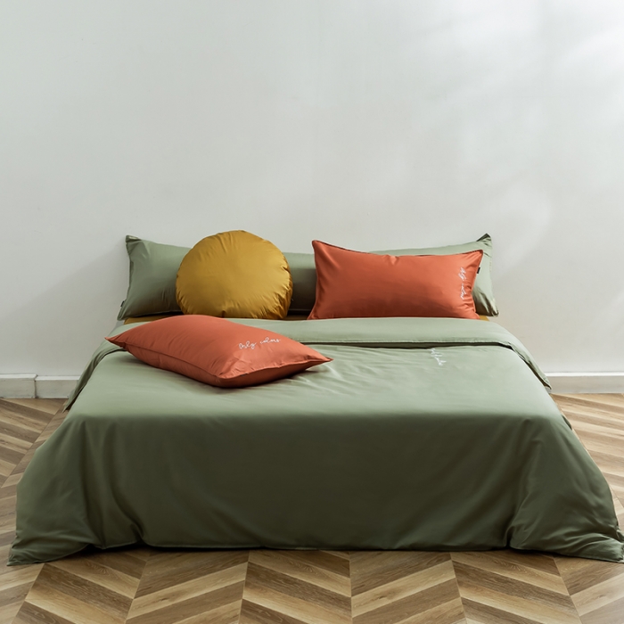 91家纺网 家纺一手货源 找家纺 狠狠爱 2020新款60S长绒棉刺绣撞色四件套 橘浅绿黄