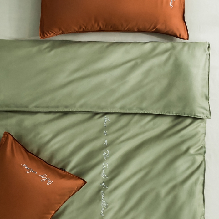 91家纺网 家纺一手货源 找家纺 狠狠爱 2020新款60S长绒棉刺绣撞色四件套 咖浅绿卡宾