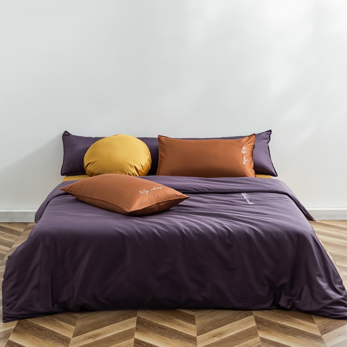 91家纺网 家纺一手货源 找家纺 狠狠爱 2020新款60S长绒棉刺绣撞色四件套 咖紫黄