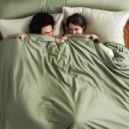 狠狠爱 2020新款60S长绒棉刺绣撞色四件套 卡宾浅绿咖