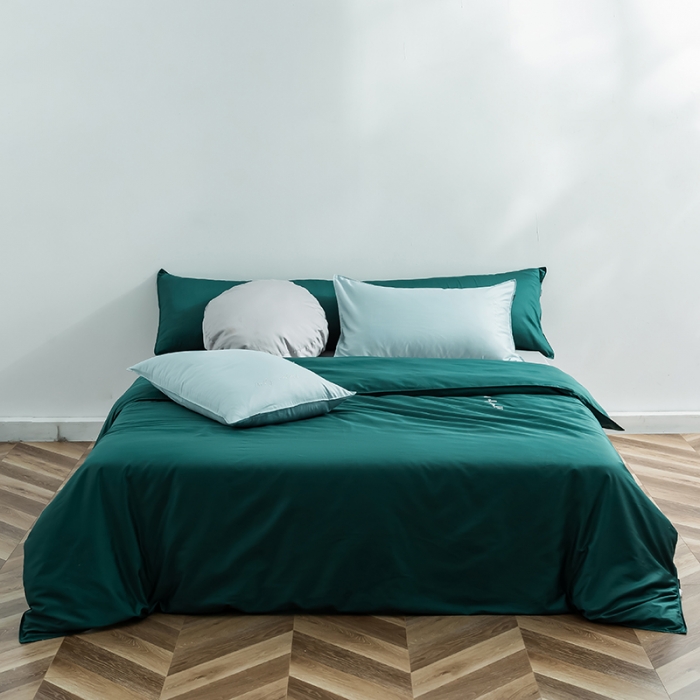 91家纺网 家纺一手货源 找家纺 狠狠爱 2020新款60S长绒棉刺绣撞色四件套 蓝墨绿浅灰