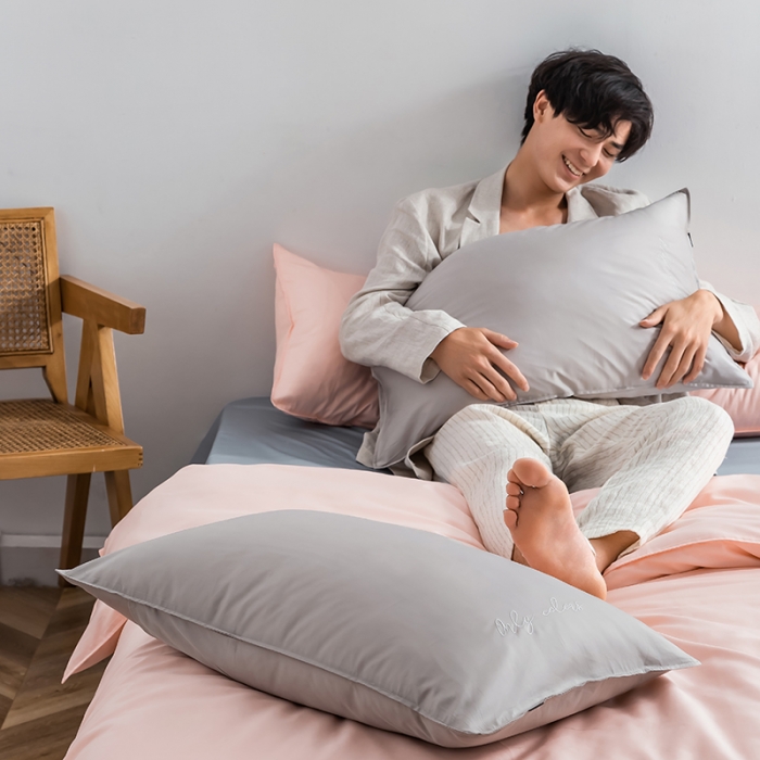 91家纺网 家纺一手货源 找家纺 狠狠爱 2020新款60S长绒棉刺绣撞色四件套 浅灰粉蓝