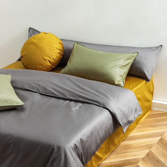 91家纺网 家纺一手货源 找家纺 狠狠爱 2020新款60S长绒棉刺绣撞色四件套 浅绿深灰黄