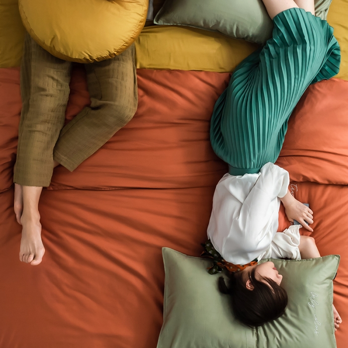 91家纺网 家纺一手货源 找家纺 狠狠爱 2020新款60S长绒棉刺绣撞色四件套 浅绿橘黄