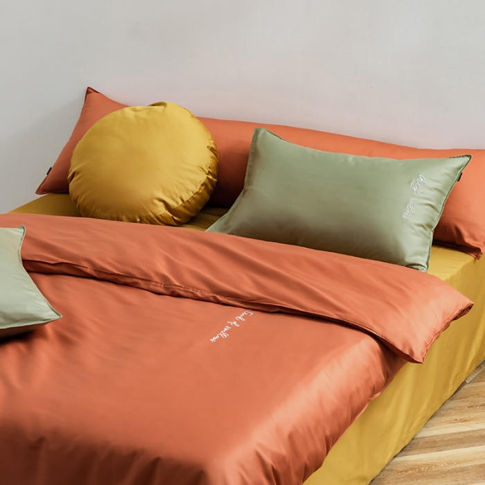 91家纺网 家纺一手货源 找家纺 狠狠爱 2020新款60S长绒棉刺绣撞色四件套 浅绿橘黄