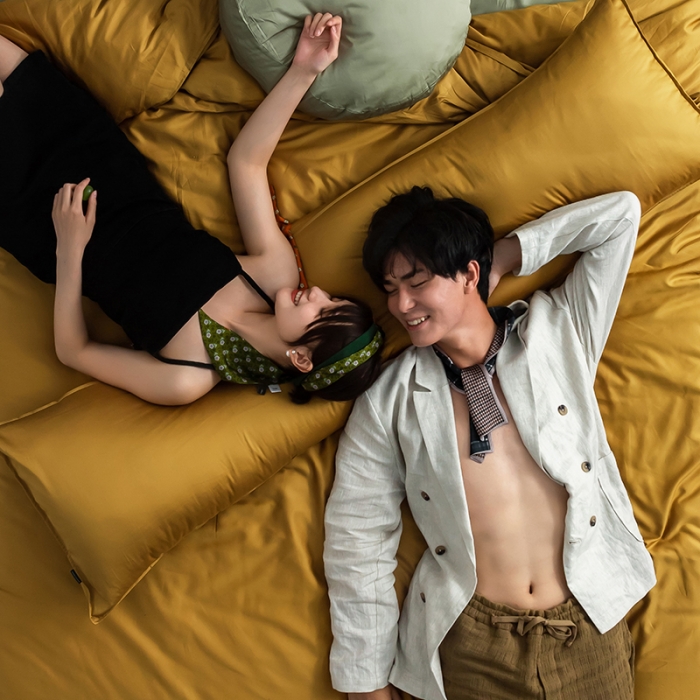 91家纺网 家纺一手货源 找家纺 狠狠爱 2020新款60S长绒棉刺绣撞色四件套 浅灰黄浅绿