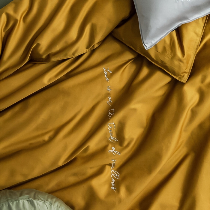 91家纺网 家纺一手货源 找家纺 狠狠爱 2020新款60S长绒棉刺绣撞色四件套 浅灰黄浅绿