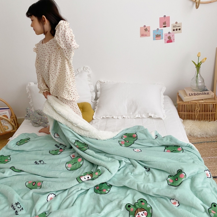 91家纺网 家纺一手货源 找家纺 川悦生活2020新款羊羔绒毯子卡通亲肤牛奶绒毛毯 青蛙小妹