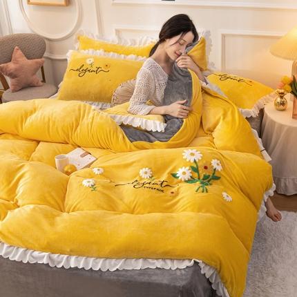 91家纺网 家纺一手货源 找家纺 （总）新品韩版花边加厚绣花牛奶绒法莱水晶绒床单床裙款四件套