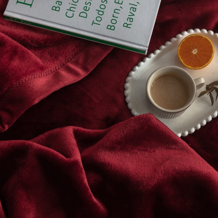 91家纺网 家纺一手货源 找家纺 来菲 25新款400克毛毯纯色加厚法兰绒盖毯多功能珊瑚绒毯子 波多黎各红