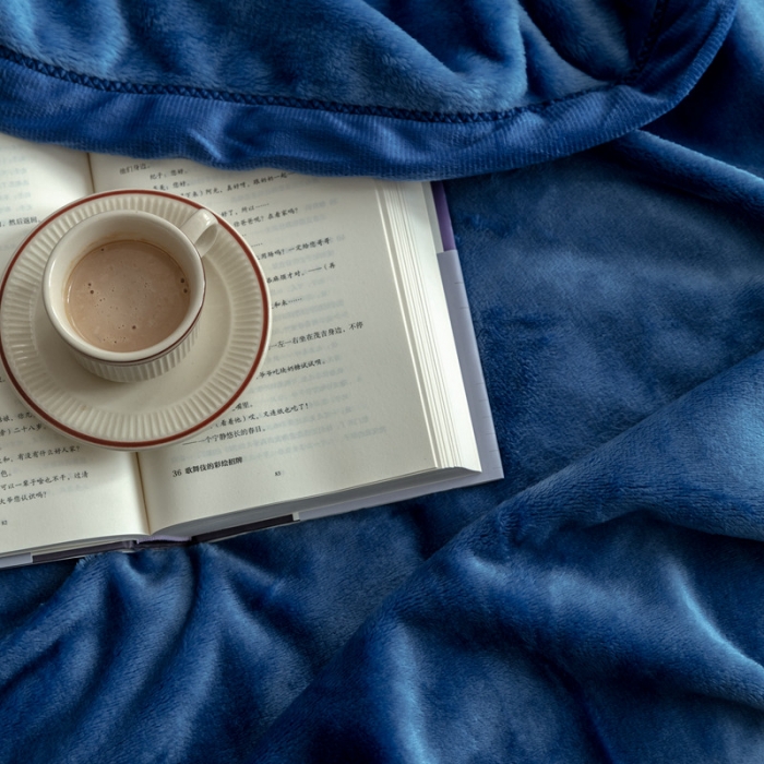 91家纺网 家纺一手货源 找家纺 来菲 25新款400克毛毯纯色加厚法兰绒盖毯多功能珊瑚绒毯子沉思经典蓝