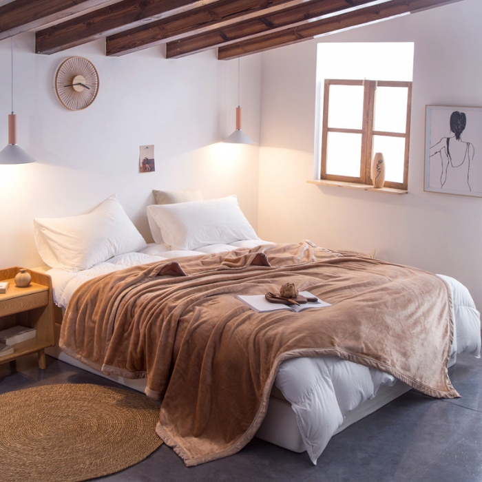 91家纺网 家纺一手货源 找家纺 来菲 25新款400克毛毯纯色加厚法兰绒盖毯多功能珊瑚绒毯子法式香草驼