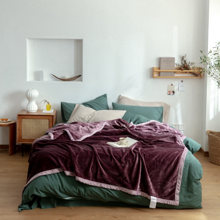 91家纺网 家纺一手货源 找家纺 来菲 25新款400克毛毯纯色加厚法兰绒盖毯多功能珊瑚绒毯子苜蓿天青紫