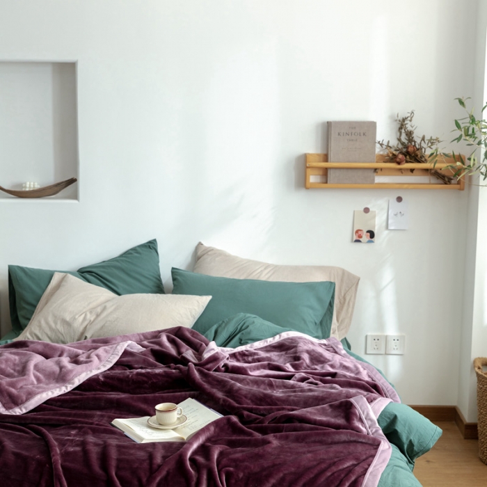 91家纺网 家纺一手货源 找家纺 来菲 25新款400克毛毯纯色加厚法兰绒盖毯多功能珊瑚绒毯子苜蓿天青紫