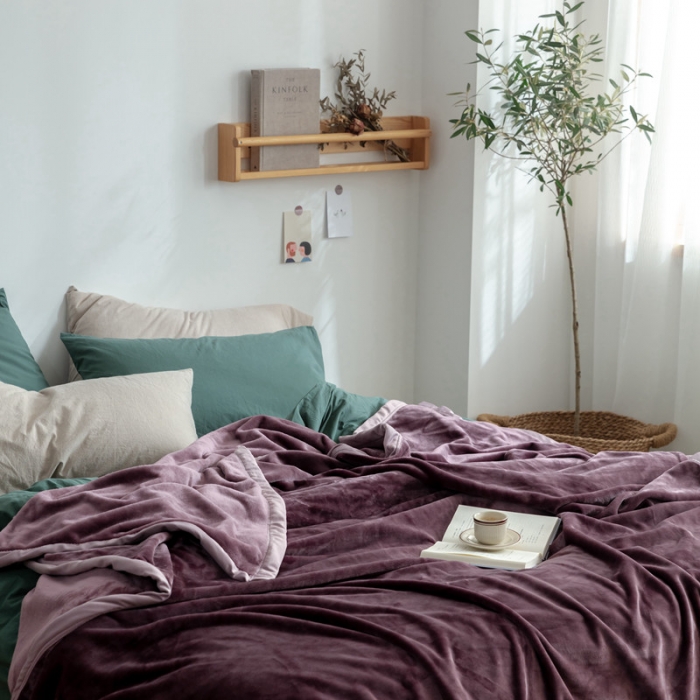 91家纺网 家纺一手货源 找家纺 来菲 25新款400克毛毯纯色加厚法兰绒盖毯多功能珊瑚绒毯子苜蓿天青紫