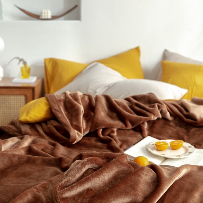 91家纺网 家纺一手货源 找家纺 来菲 25新款400克毛毯纯色加厚法兰绒盖毯多功能珊瑚绒毯子圣地亚哥咖