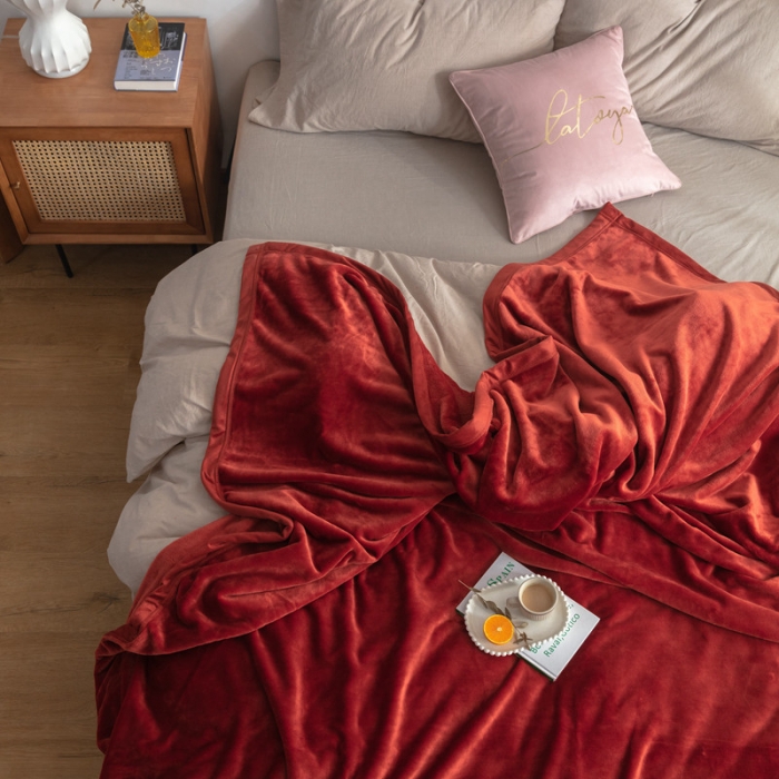 91家纺网 家纺一手货源 找家纺 来菲 25新款400克毛毯纯色加厚法兰绒盖毯多功能珊瑚绒毯子太妃陶土棕