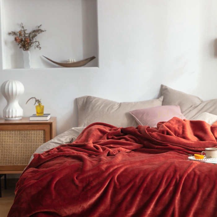 91家纺网 家纺一手货源 找家纺 来菲 25新款400克毛毯纯色加厚法兰绒盖毯多功能珊瑚绒毯子太妃陶土棕