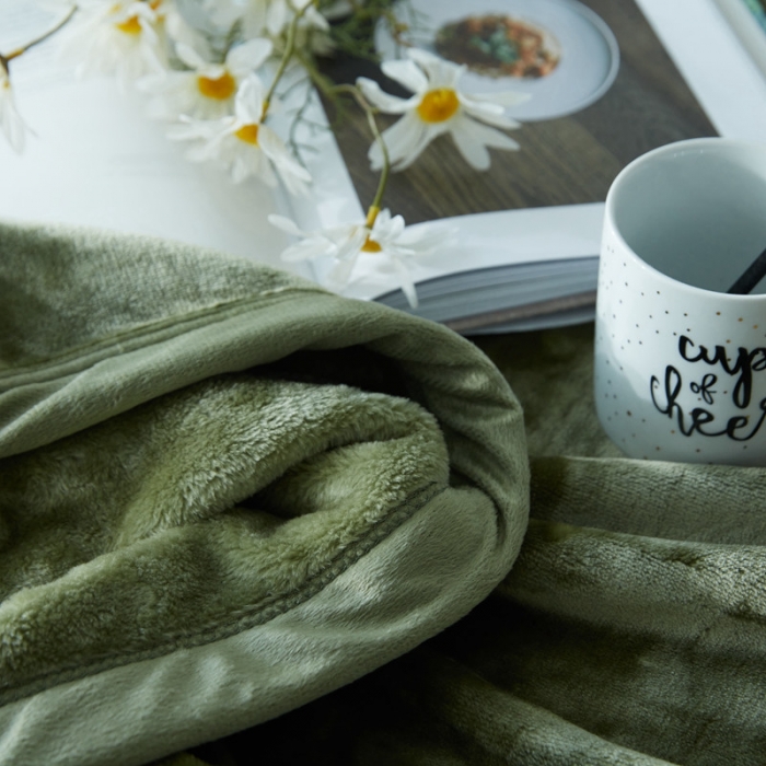 91家纺网 家纺一手货源 找家纺 来菲 25新款400克毛毯纯色加厚法兰绒盖毯多功能珊瑚绒毯子羽衣甘蓝绿