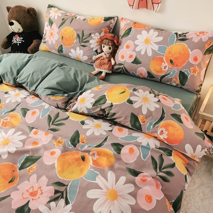 91家纺网 家纺一手货源 找家纺 HL原创 2020新款13372全棉小清新四件套实拍图 橙意