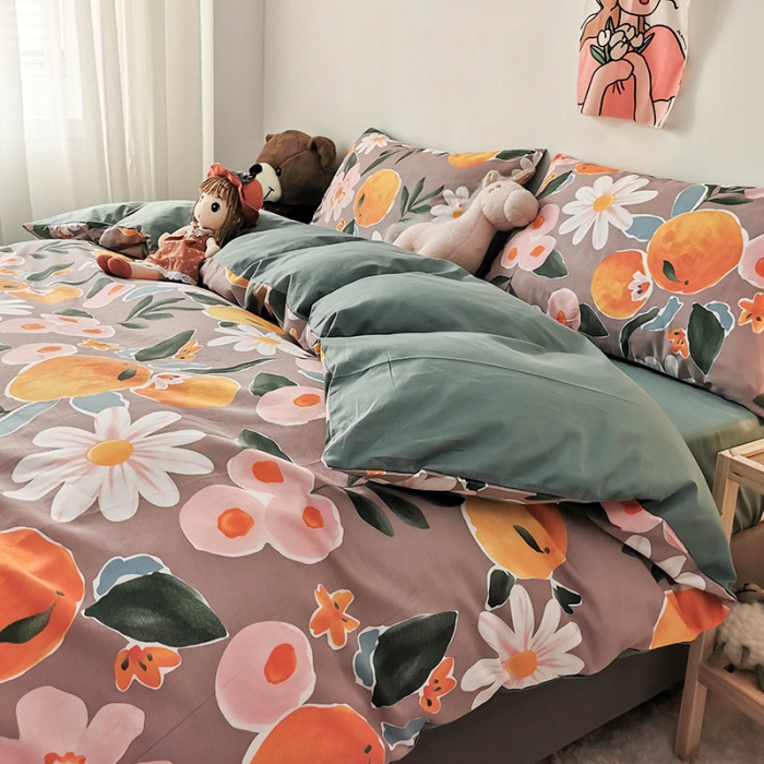 91家纺网 家纺一手货源 找家纺 HL原创 2020新款13372全棉小清新四件套实拍图 橙意