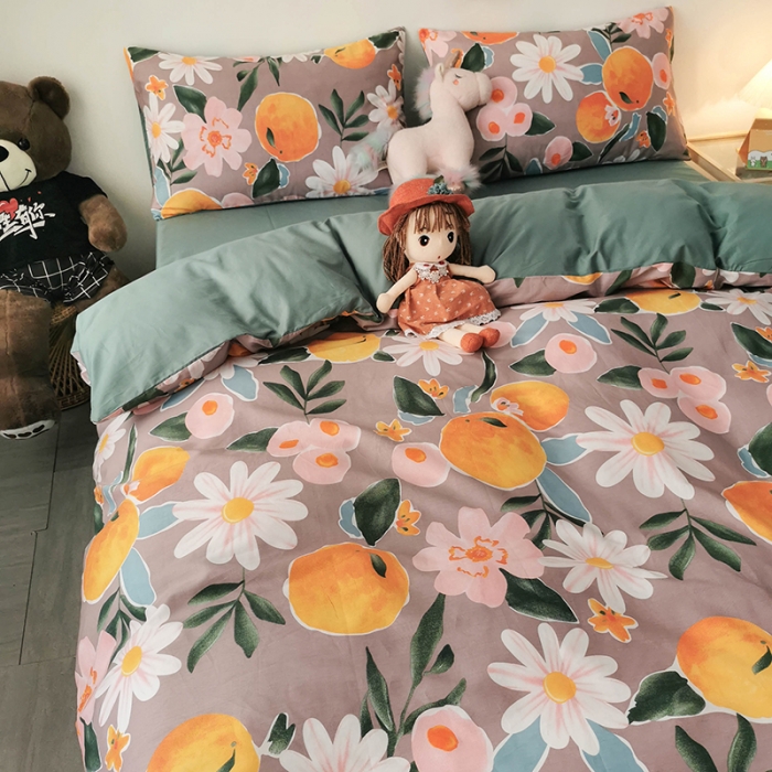 91家纺网 家纺一手货源 找家纺 HL原创 2020新款13372全棉小清新四件套实拍图 橙意