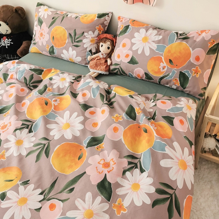 91家纺网 家纺一手货源 找家纺 HL原创 2020新款13372全棉小清新四件套实拍图 橙意