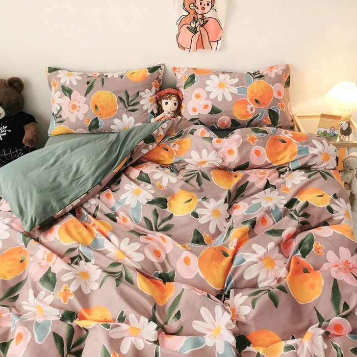 91家纺网 家纺一手货源 找家纺 HL原创 2020新款13372全棉小清新四件套实拍图 橙意