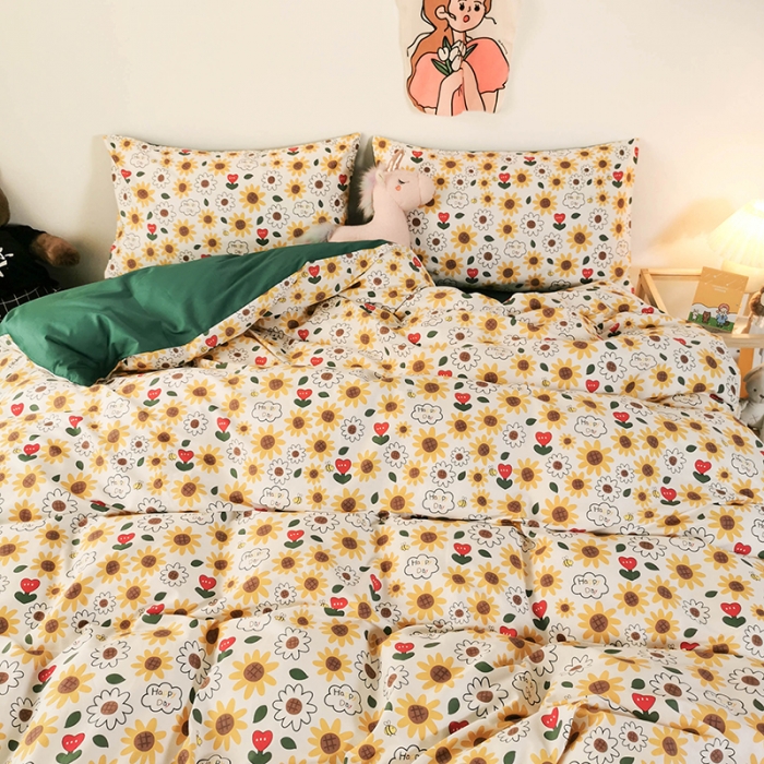 91家纺网 家纺一手货源 找家纺 HL原创 2020新款13372全棉小清新四件套实拍图 葵花籽