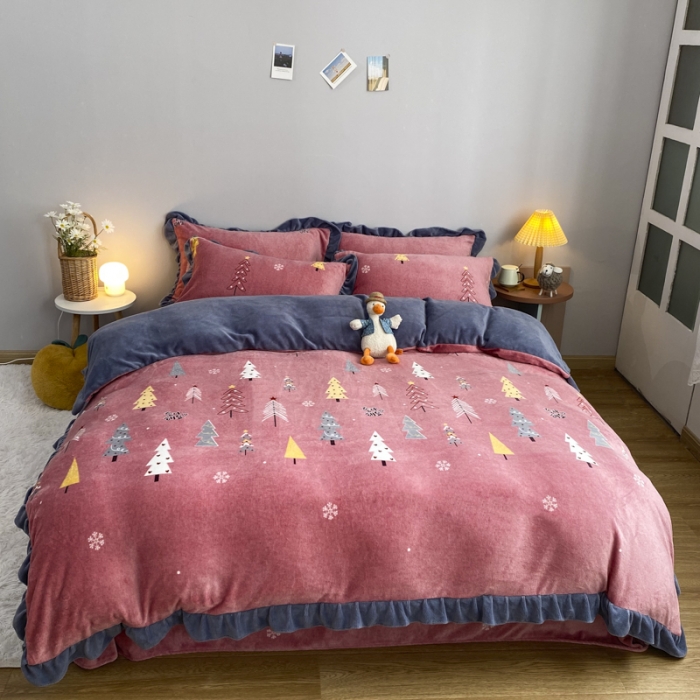 91家纺网 家纺一手货源 找家纺 妖妖家纺 2020新款花边牛奶绒四件套 北岛-红