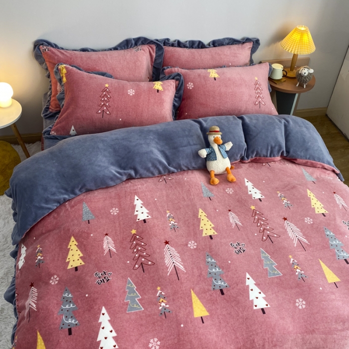 91家纺网 家纺一手货源 找家纺 妖妖家纺 2020新款花边牛奶绒四件套 北岛-红